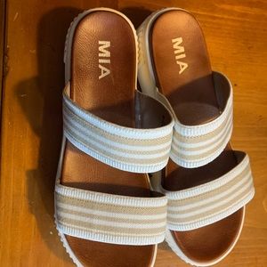 White and tan slip on sandals size 8
